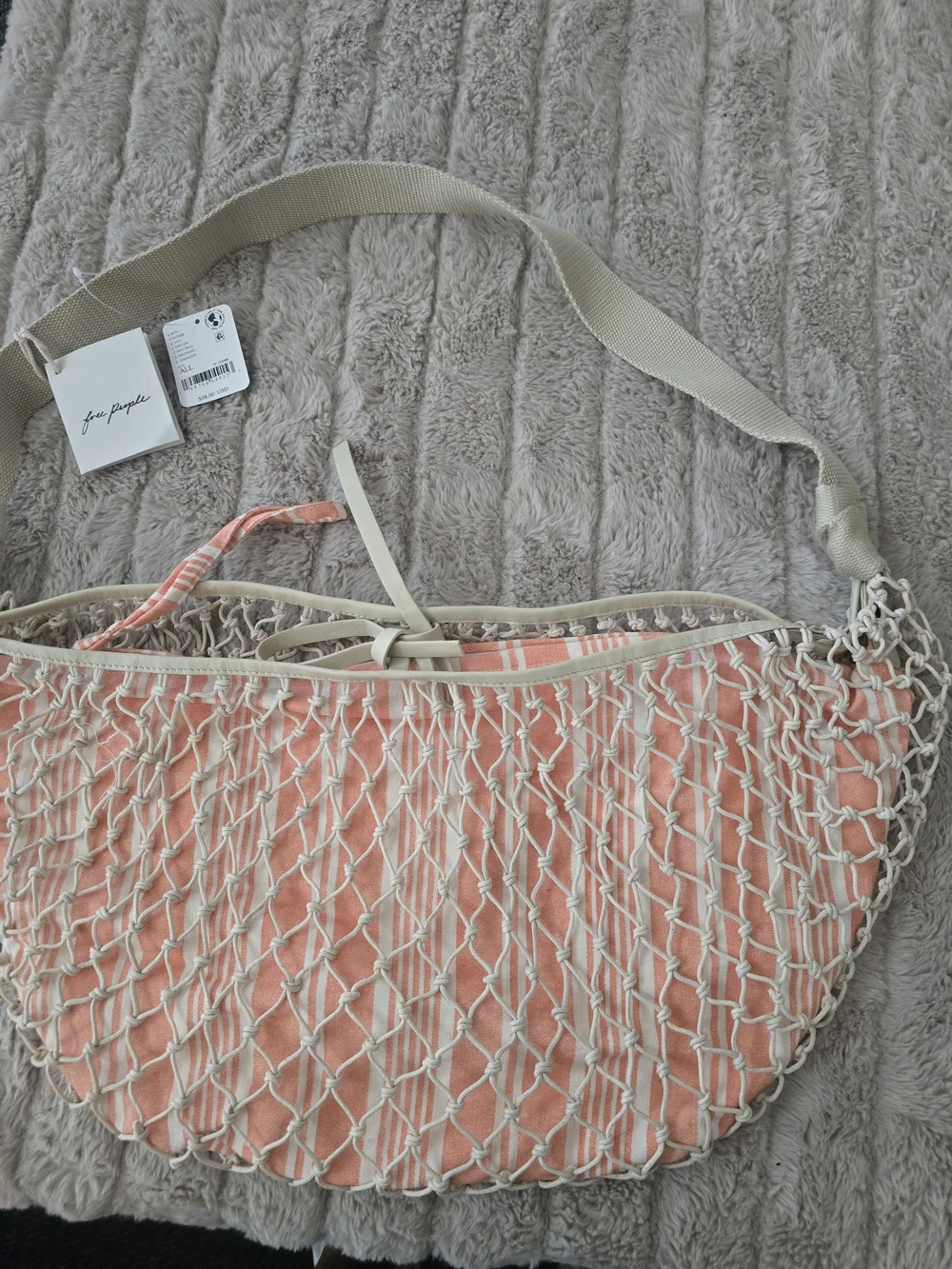 Free People Cream Net Knotted Hobo Shoulder Bag Drawstring Striped Orange Lining
